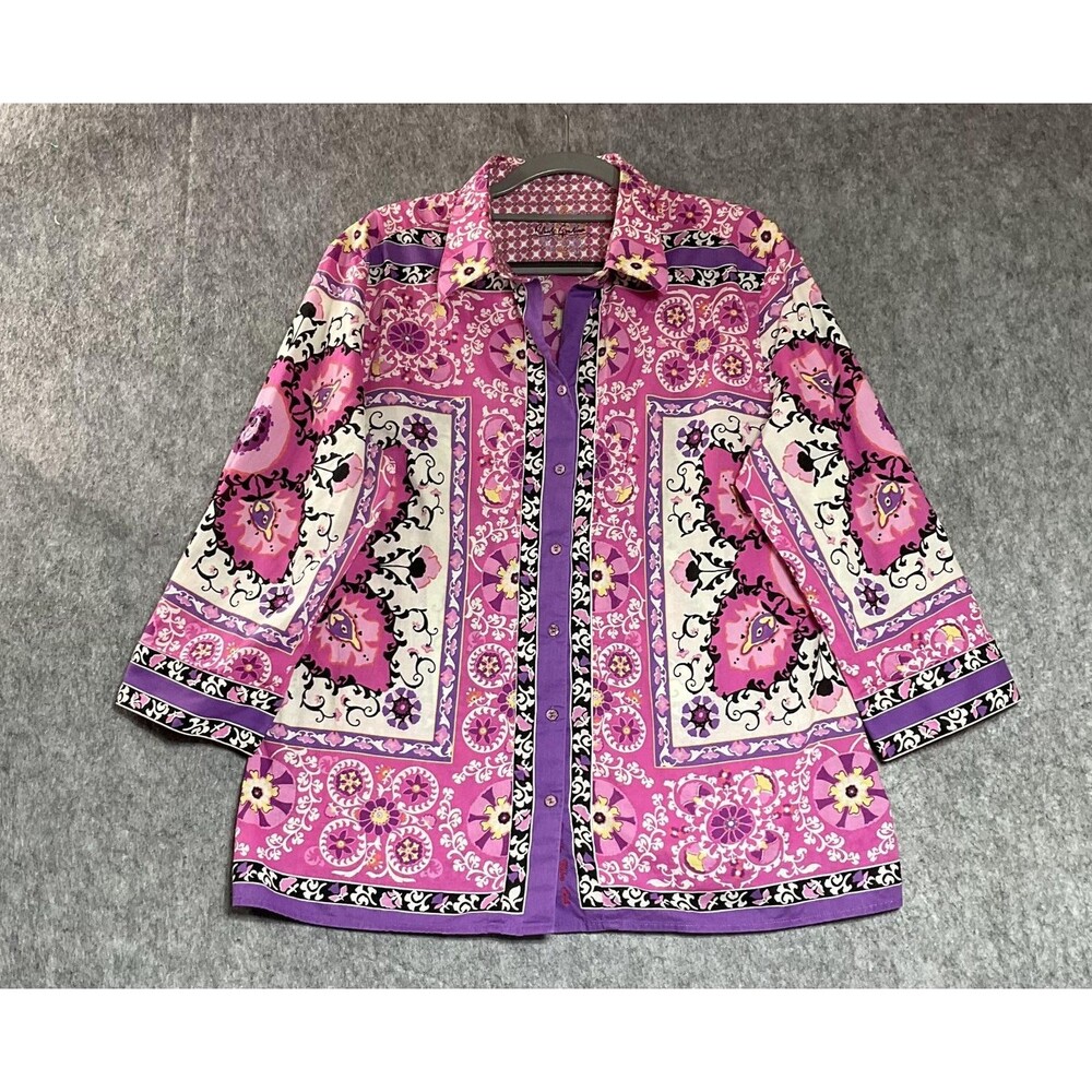 Robert Graham Shirt Womens Large Pink Floral 3/4 Sleeve Button Up Cotton Casual